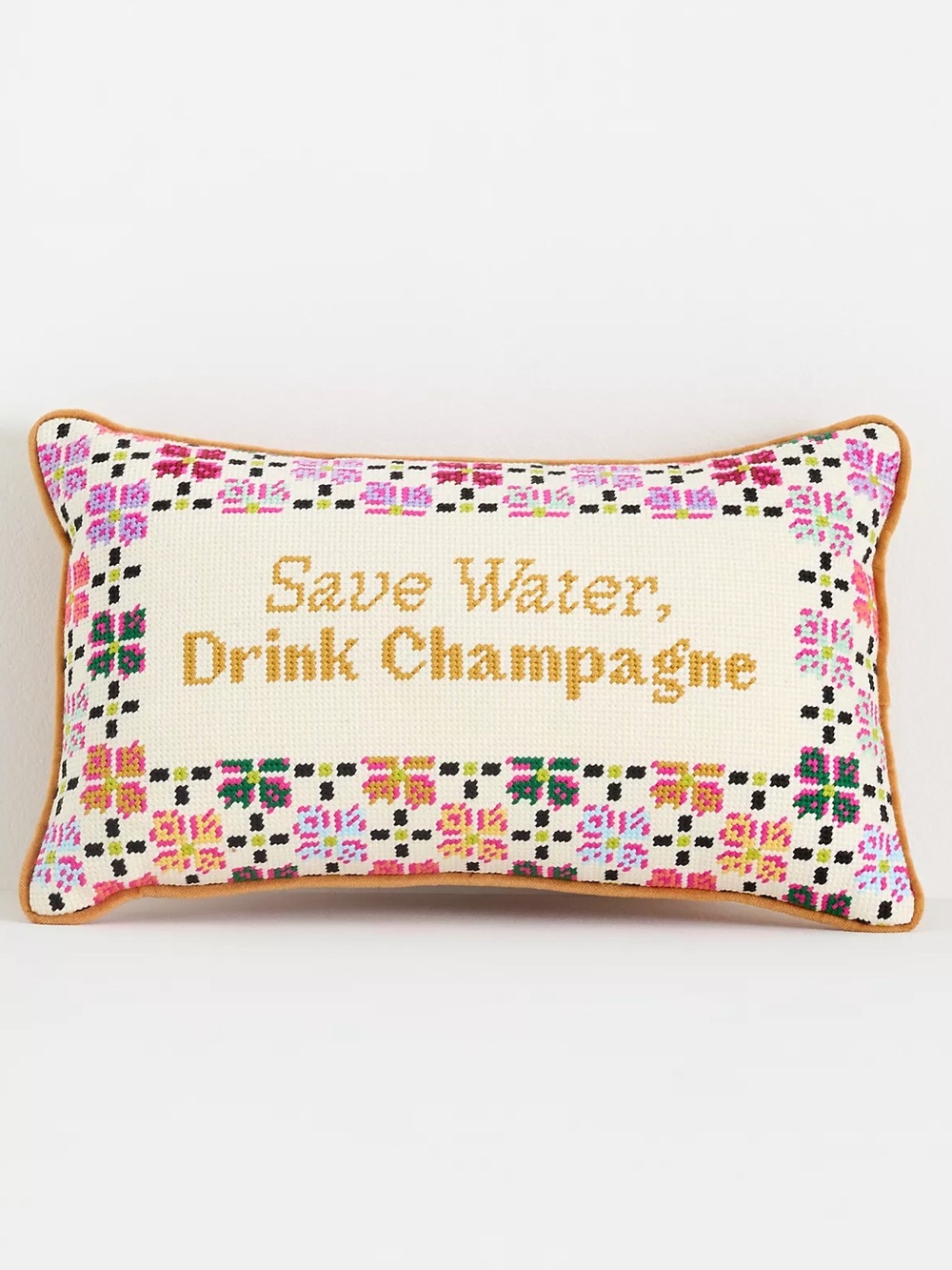 Anthro Furbish Studio Petite Needlepoint Pillow Save Water Drink Champagne